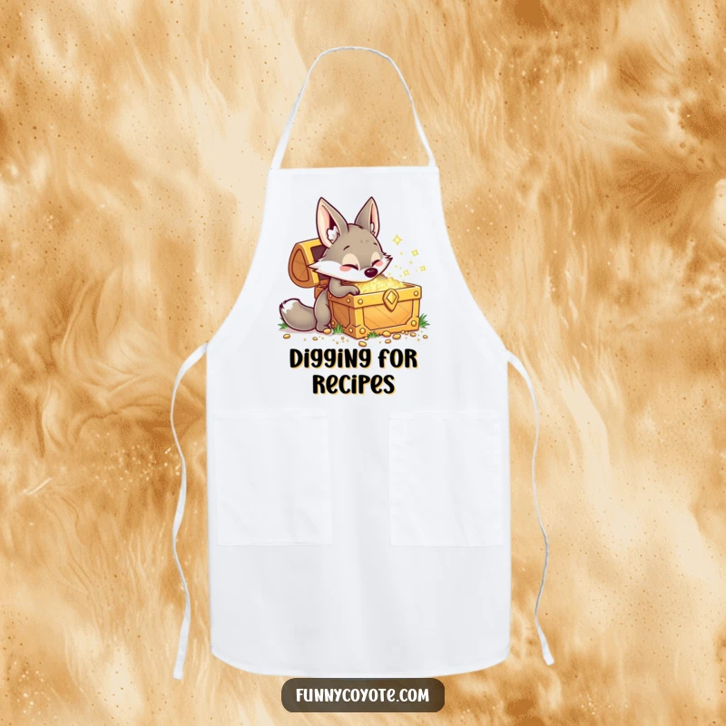 Funny Kawaii coyote digging at a sparkling treasure chest on a kitchen apron, bringing a playful and adventurous vibe to cooking.