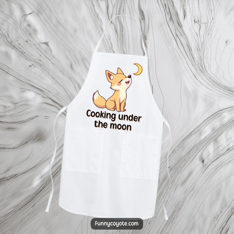 Funny Kawaii coyote howling at a crescent moon on a kitchen apron, bringing a playful and whimsical nocturnal vibe to cooking.