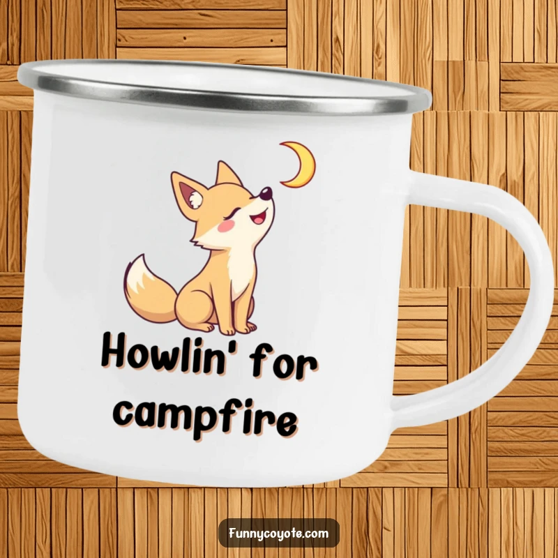 Funny Kawaii coyote howling at a crescent moon on a camping mug, bringing playful nocturnal energy and fun to outdoor sips.