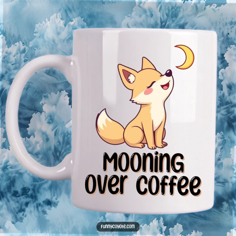 Funny Kawaii coyote howling playfully at a crescent moon with a wide, mischievous grin, capturing a whimsical night scene on a mug.
