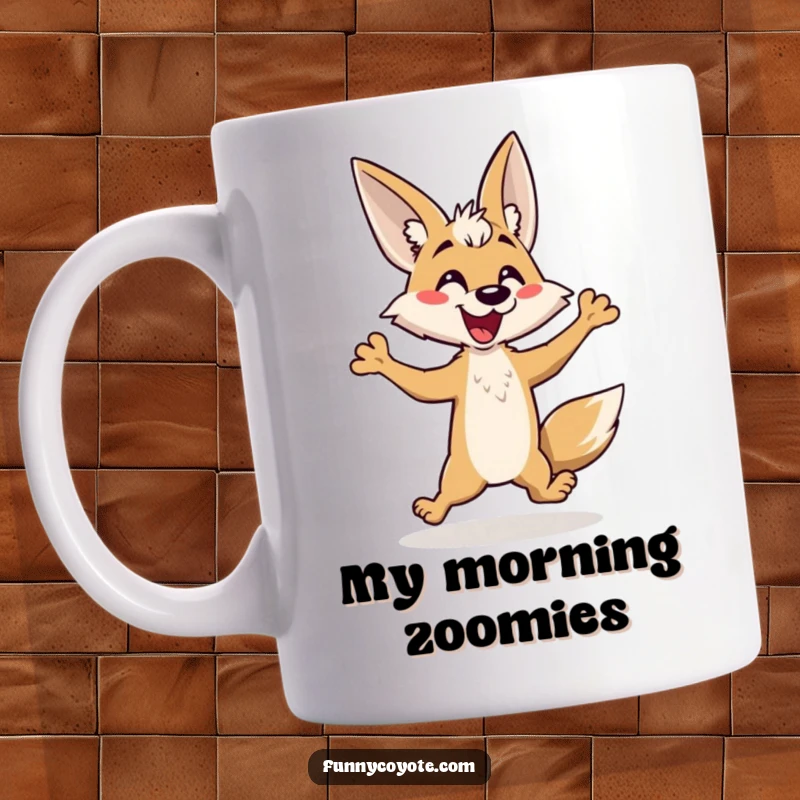 Funny Kawaii Coyote Mug depicting a coyote mid-hop with a joyful yap, perfect for a happy morning gift.