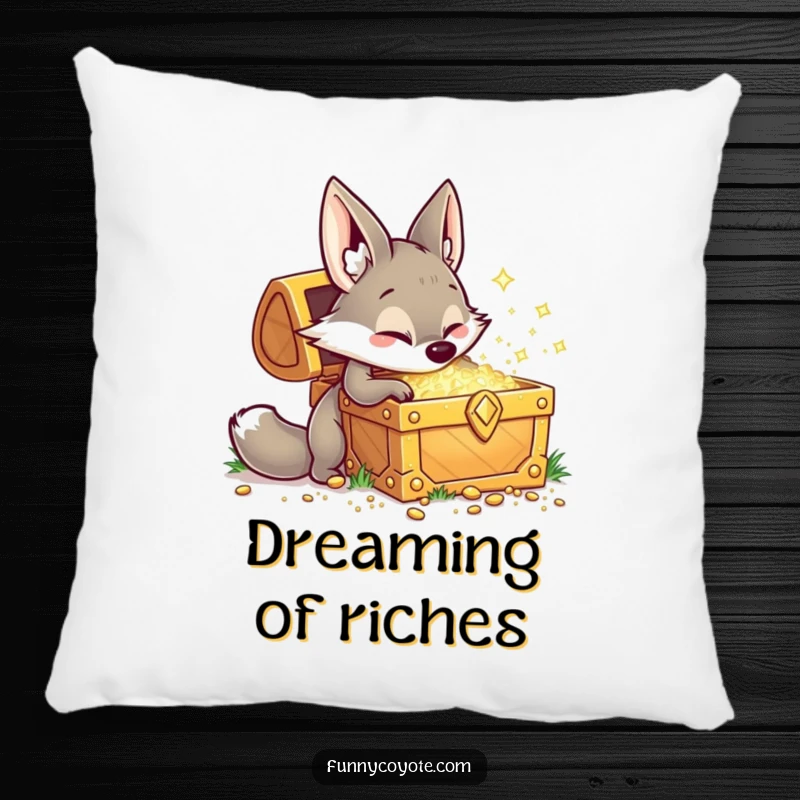 Funny Kawaii coyote digging energetically at a sparkling treasure chest on a soft pillow, its grinning face adding playful adventure.