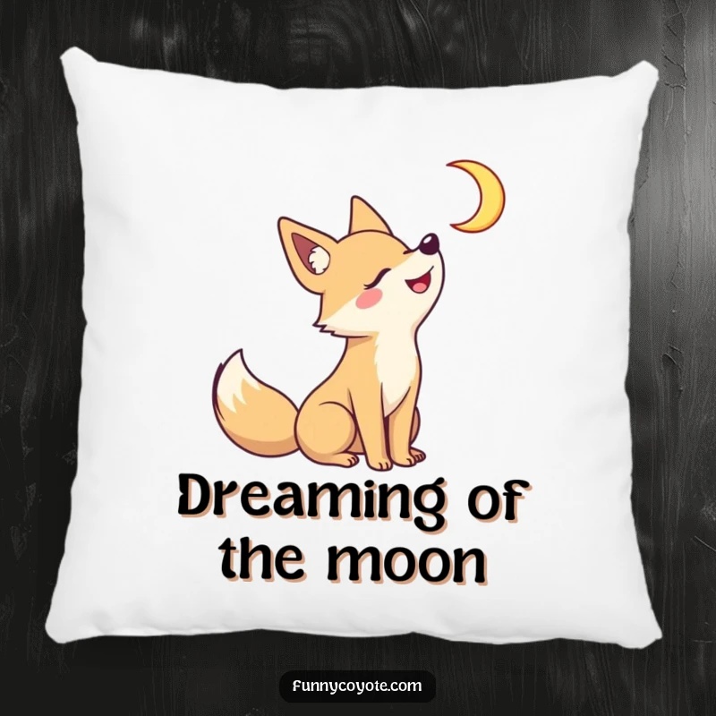 Funny Kawaii coyote howling at a crescent moon on a soft pillow, its grinning face bringing playful nocturnal charm to any room.