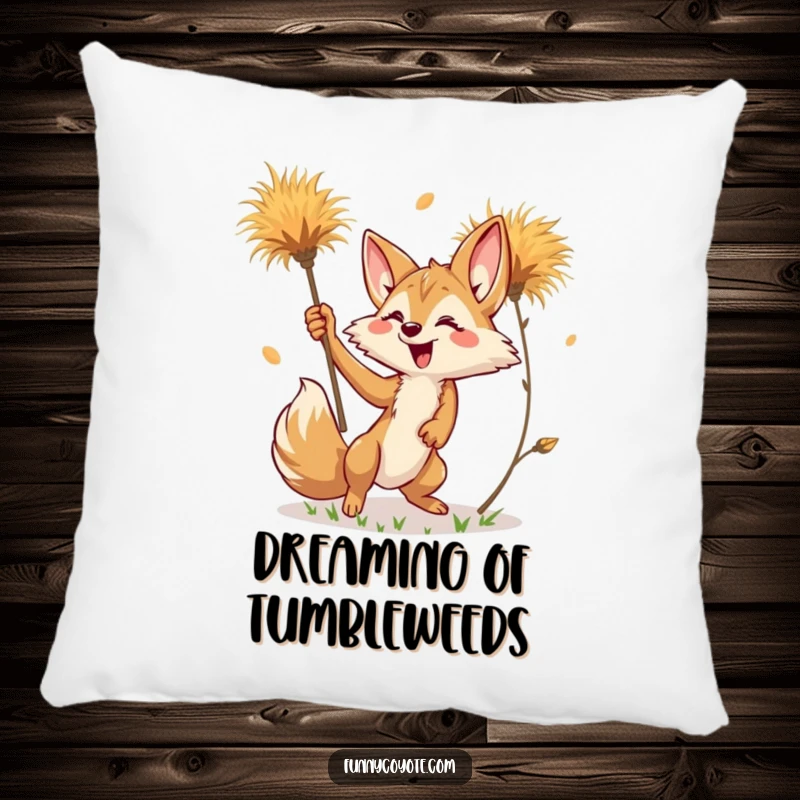 Funny Kawaii Coyote Pillow featuring a coyote reaching for a tumbleweed, offering soft, humorous desert decor.