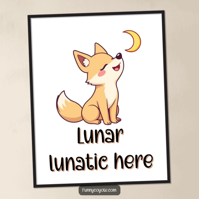 Funny Kawaii coyote howling playfully at a crescent moon with a wide grin on a digital art print, perfect for nighttime decor.