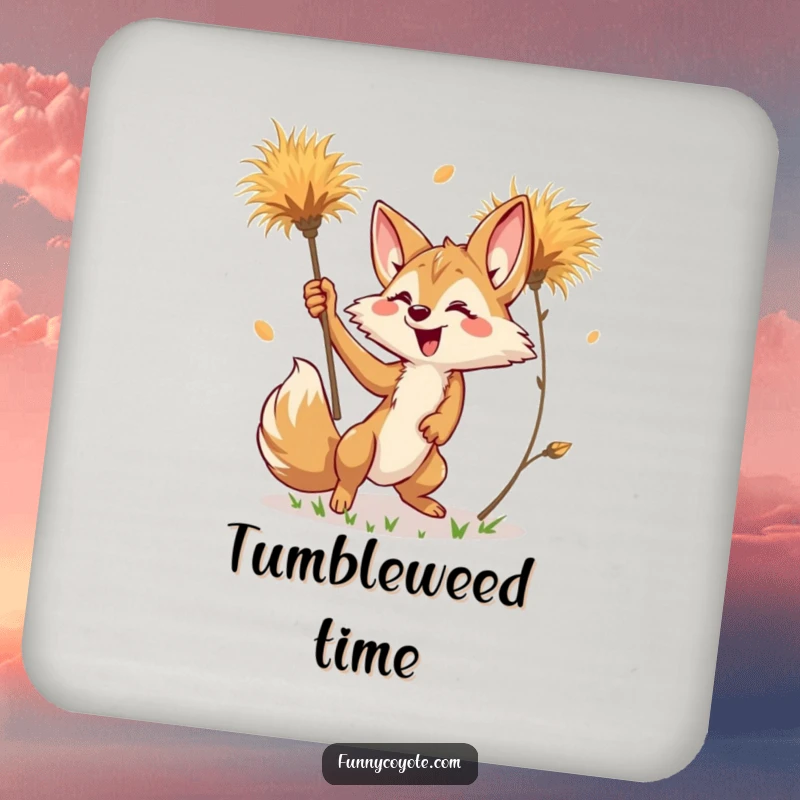 Funny Kawaii Coyote Drink Coaster featuring a coyote reaching for a tumbleweed, perfect for adding desert humor.