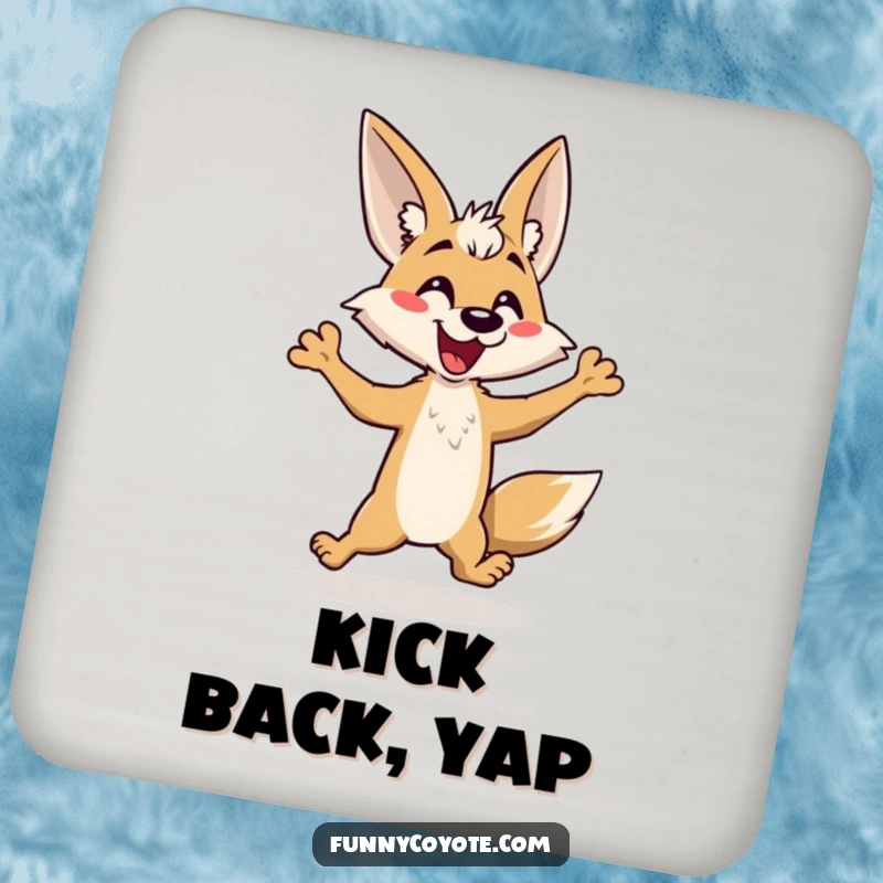 Funny Kawaii Coyote Drink Coaster featuring a coyote doing a comical hop, perfect for adding humor to tabletops.