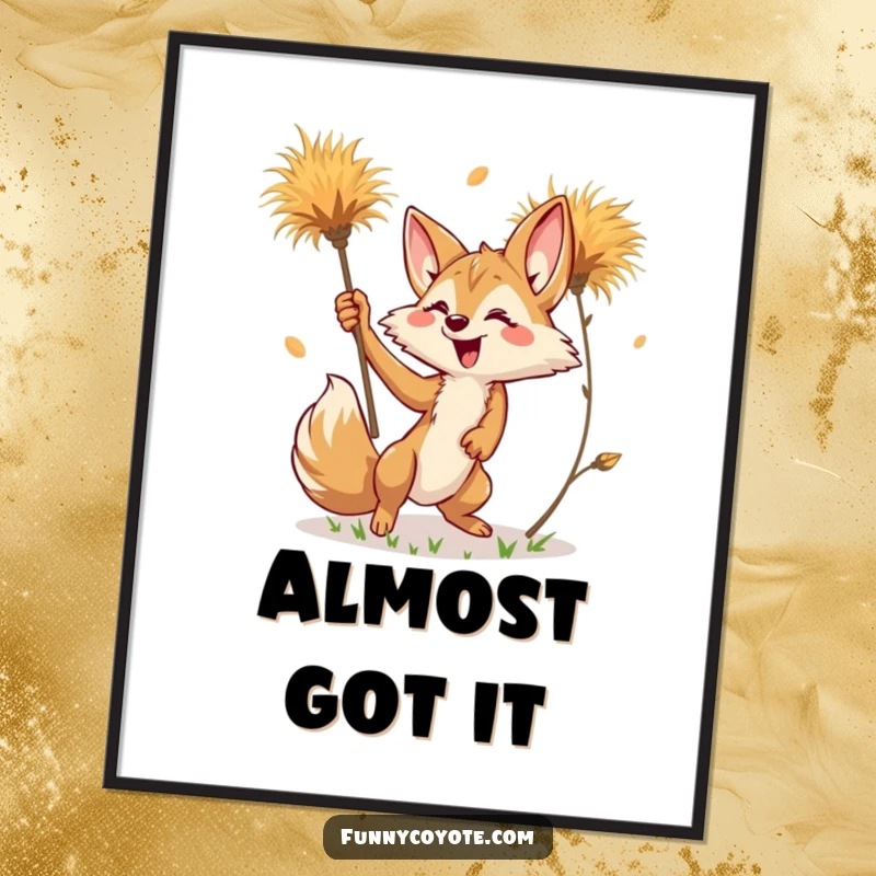 Funny Kawaii Coyote Poster illustrating a coyote's comical pursuit of a vibrant, falling tumbleweed.