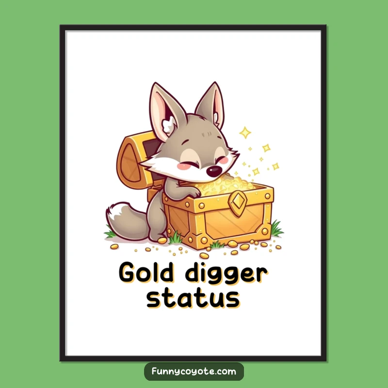 Funny Kawaii Coyote Poster: Playful Treasure Digging Wall Art Gift