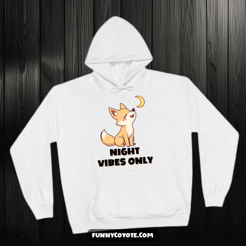 Funny Kawaii coyote howling at a crescent moon on a cozy hoodie, its grinning face radiating playful nocturnal charm.