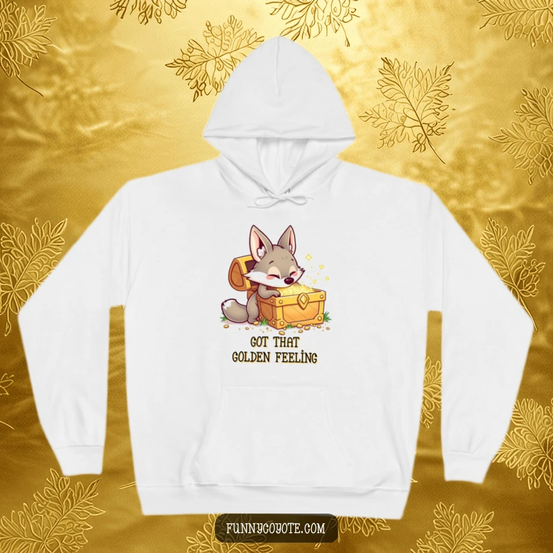 Funny Kawaii coyote digging for treasure on a cozy hoodie, its grinning face radiating playful excitement and adventure.