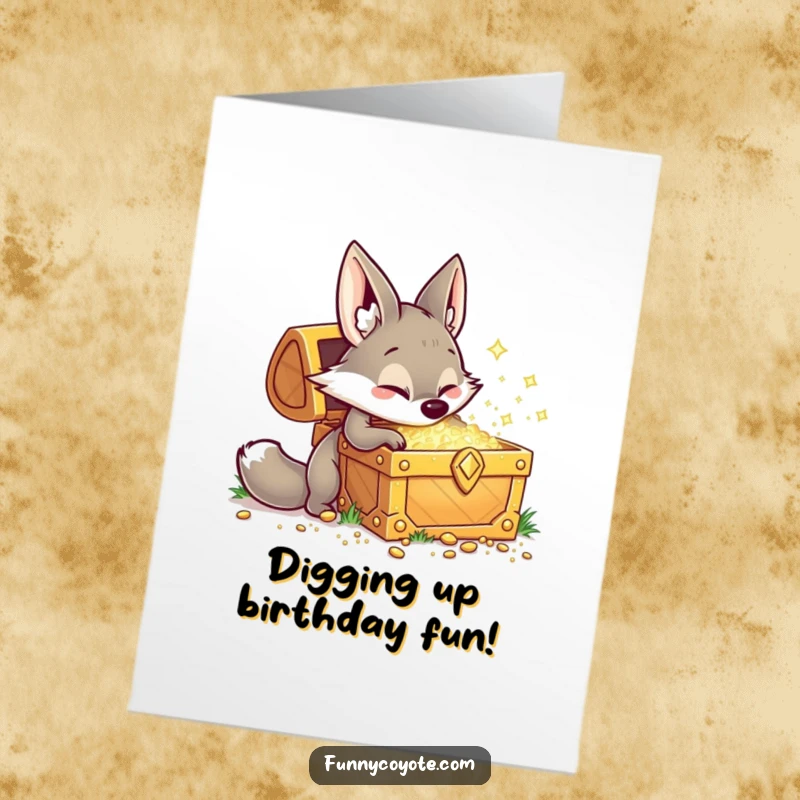 Funny Free Printable Birthday Card: A cute kawaii coyote digging energetically at a giant, sparkling treasure chest with a happy grin.