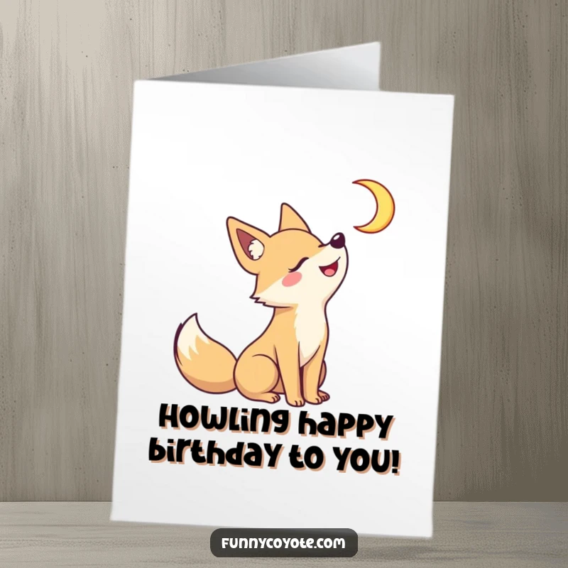 Funny Free Printable Birthday Card: A cute kawaii coyote howling joyfully at a crescent moon with a wide, playful grin.