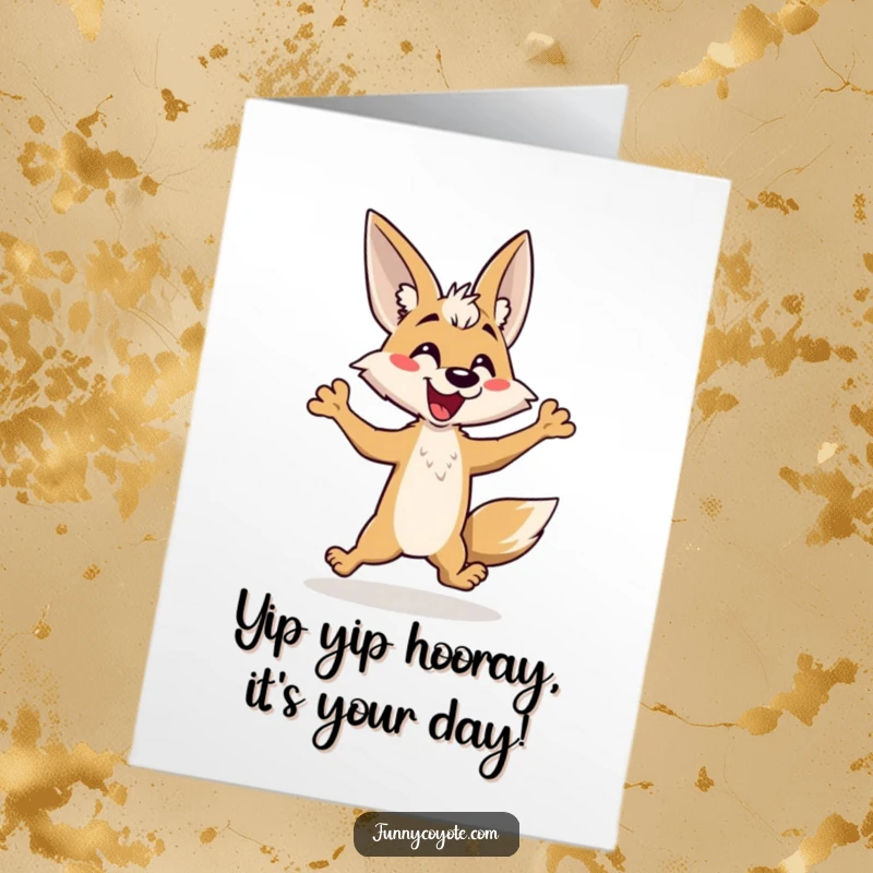 Funny Free Printable Birthday Card: Kawaii Coyote energetically hopping and yapping with pure birthday glee.