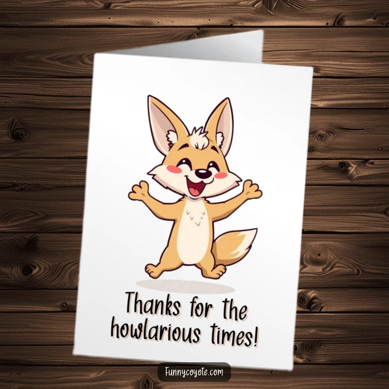 Funny Free Printable Thank You Card: Kawaii Coyote energetically hopping with a big happy yap of thanks.