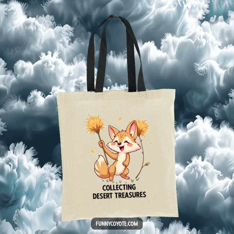 Funny Kawaii Coyote Tote Bag showing a coyote playfully chasing a tumbleweed, a humorous desert-themed accessory.